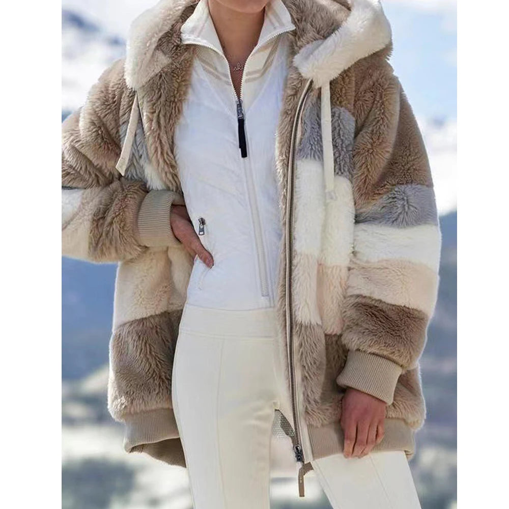 Winter Fashion Thick Cashmere Women's Hooded Zipper Coat