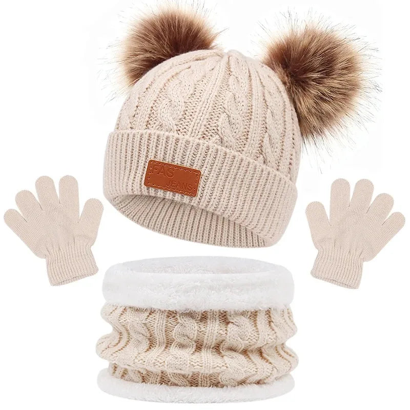 Baby Winter Hat Scarf Gloves Set Knitted Fur Ball Kids