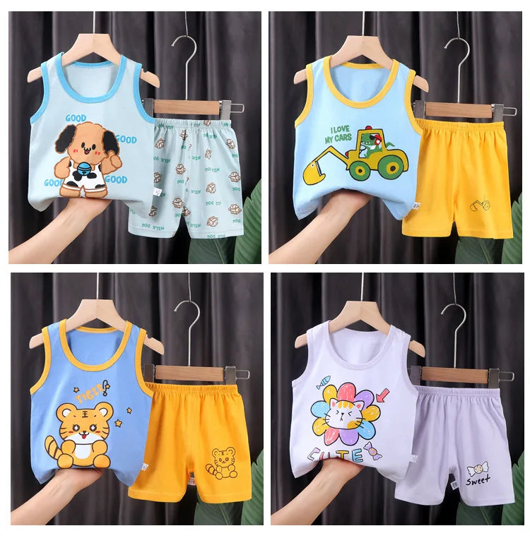 2PCS Children Summer Cotton T-Shirts Clothing Vest Suit