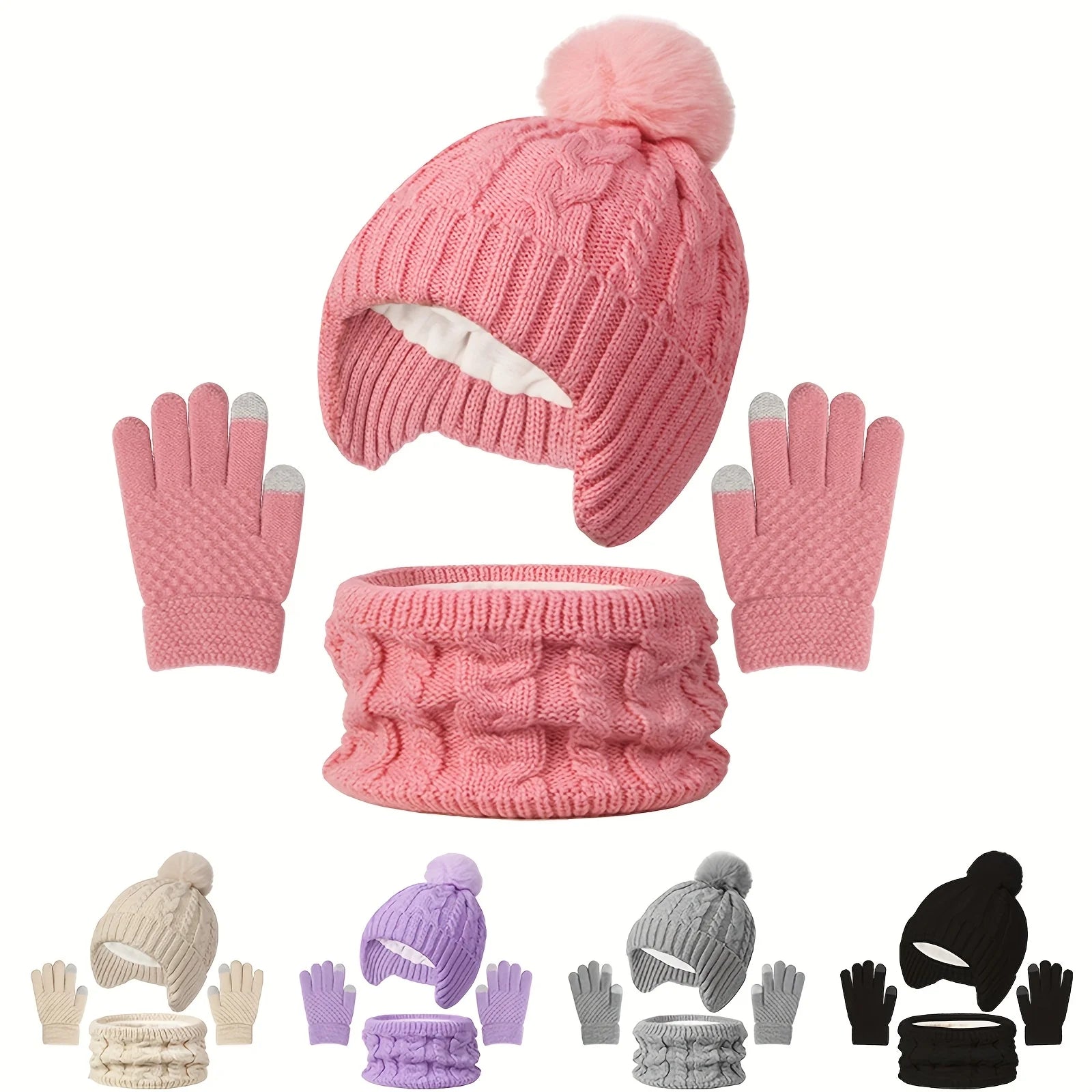 Set of 3 Pieces of Children's Winter Hats, Scarves, and Gloves for Boys and Girls Aged 3-8