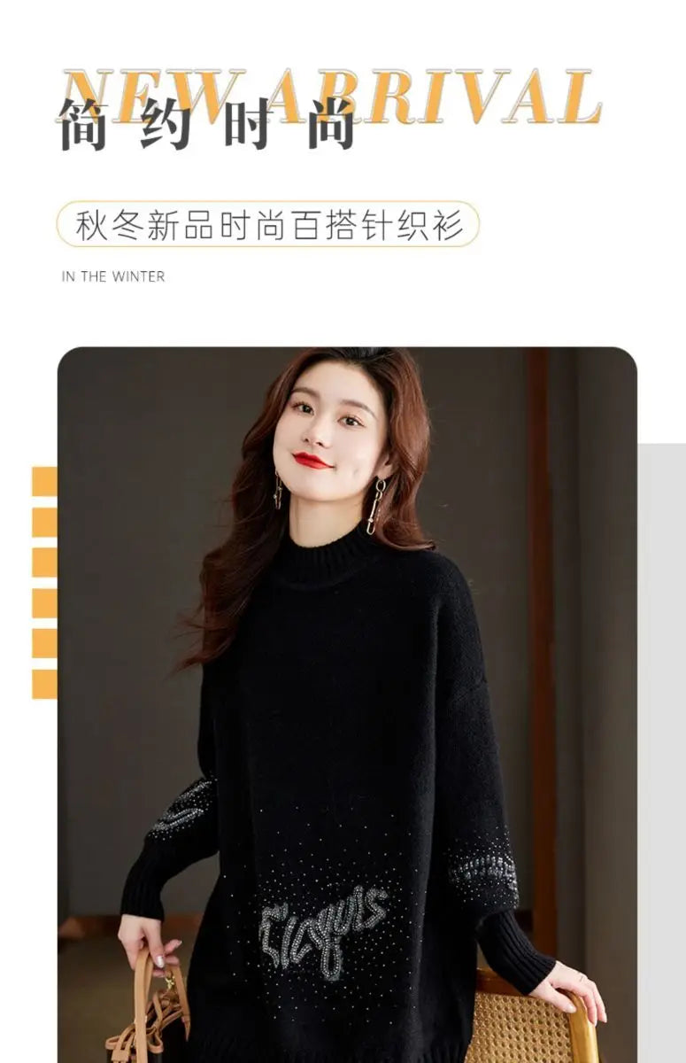 2024 Winter New High Grade Hot Diamond Black Base Sweater for Women