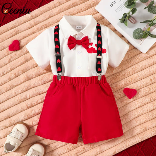 Toddler Valentines Outfits For Boys Shirt and Suspenders Set