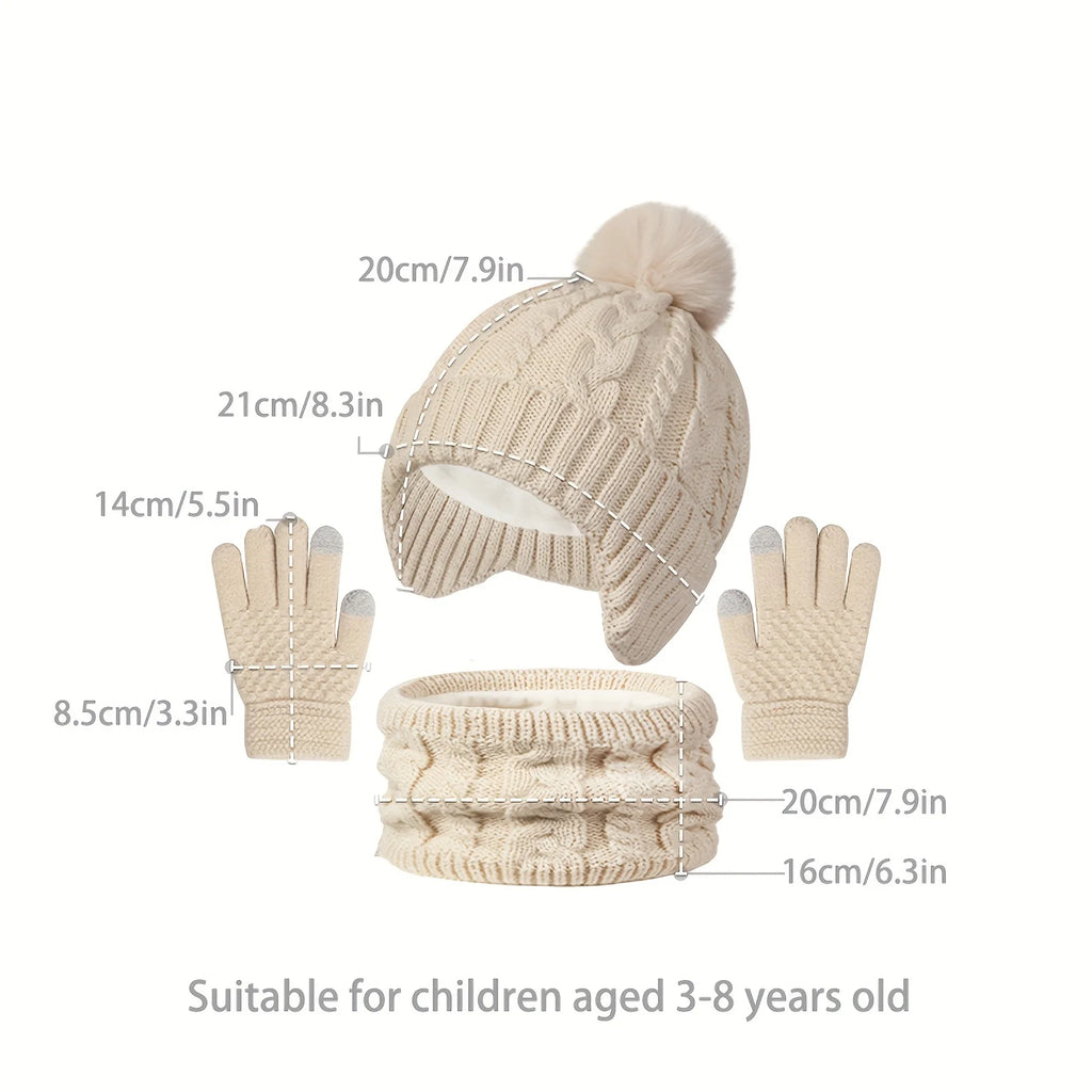Set of 3 Pieces of Children's Winter Hats, Scarves, and Gloves for Boys and Girls Aged 3-8