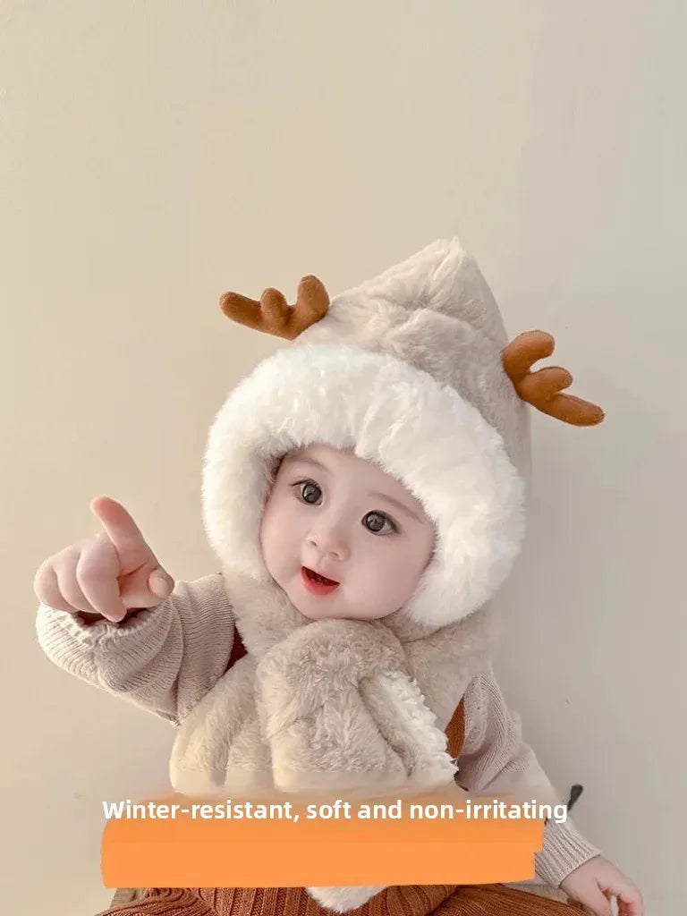 Warm Cartoon Kids Winter Hat with Deer Antlers Integrated Scarf And Gloves Set for Girls And Boys Baby Protection Ear Cap