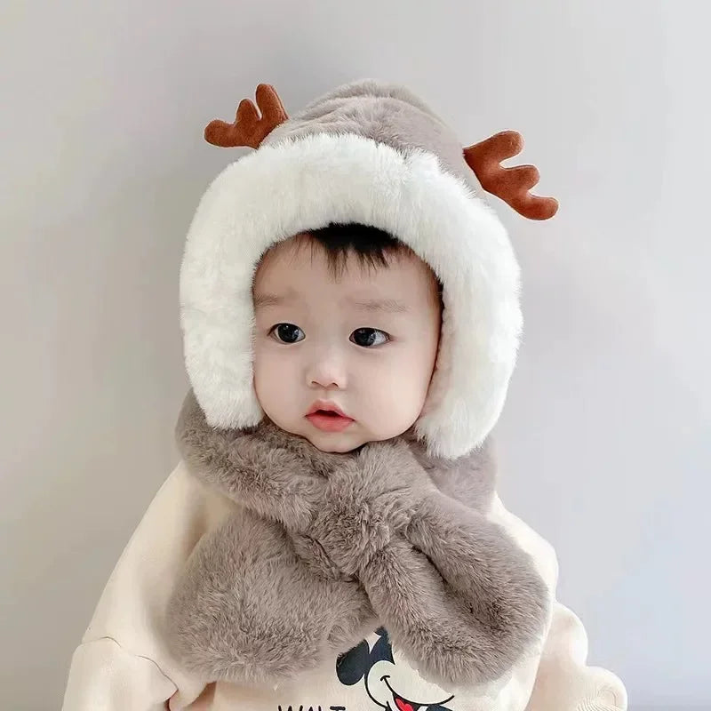 Warm Cartoon Kids Winter Hat with Deer Antlers Integrated Scarf And Gloves Set for Girls And Boys Baby Protection Ear Cap