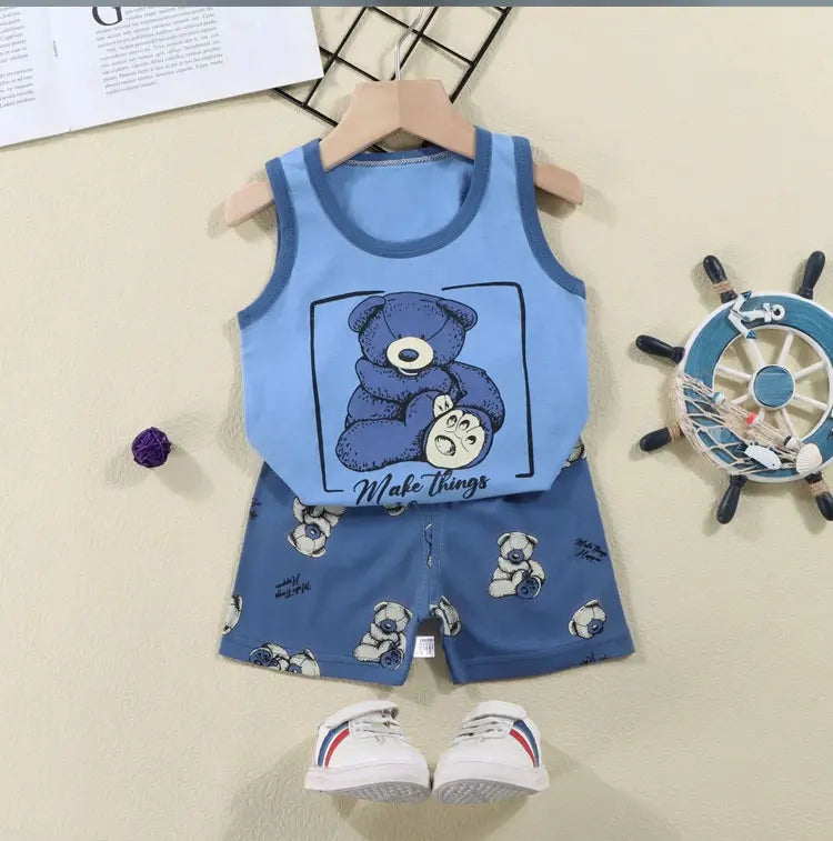2PCS Children Summer Cotton T-Shirts Clothing Vest Suit